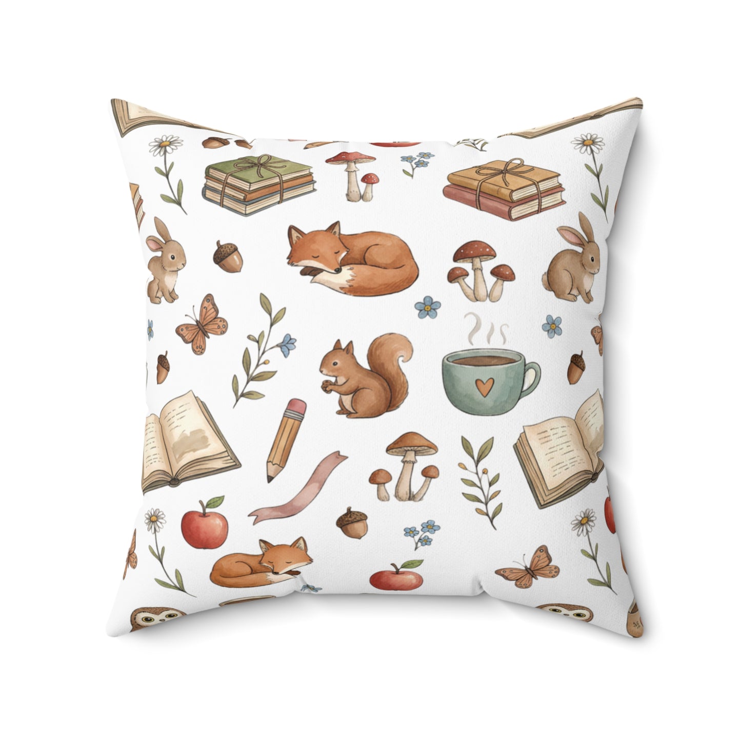 Cozy Woodland Reading Pillow — Fox & Squirrel Autumn Pattern Square Pillow