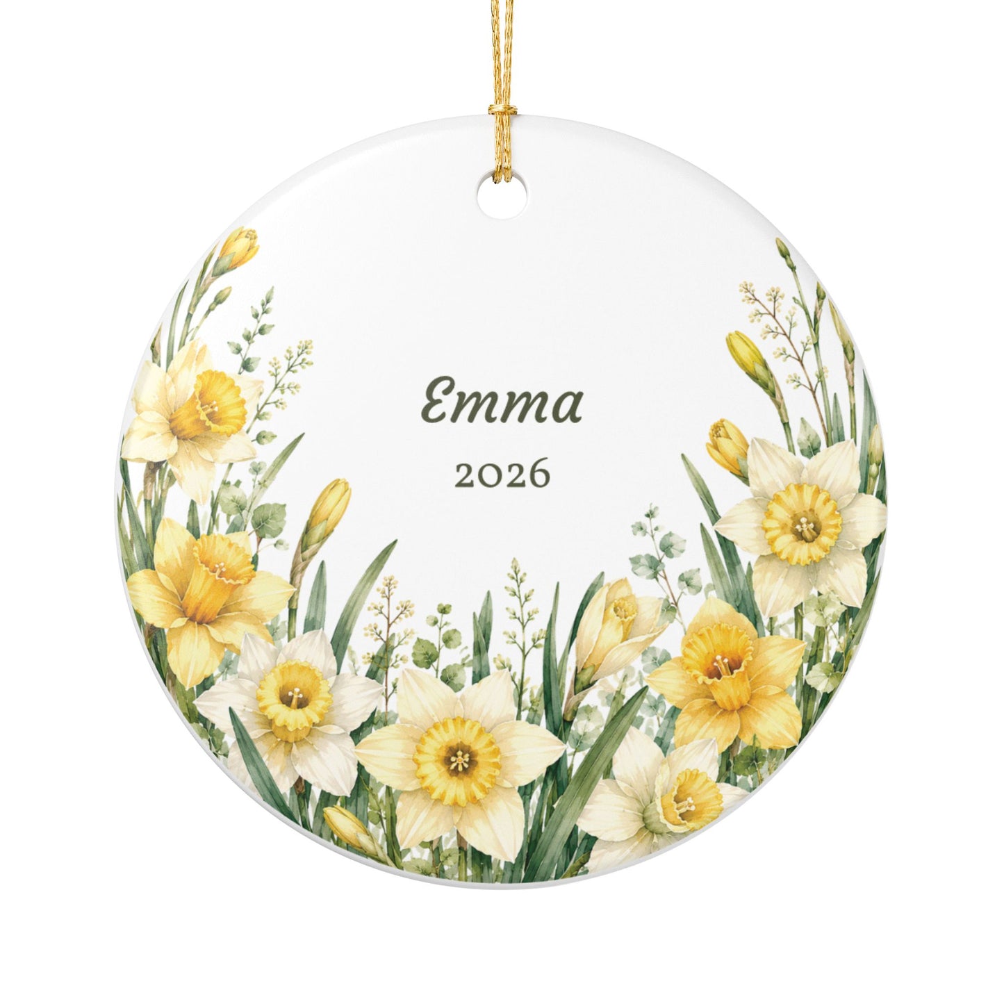 Personalized Daffodil Ceramic Ornament – Name & Year Keepsake (e.g., Emma 2026)