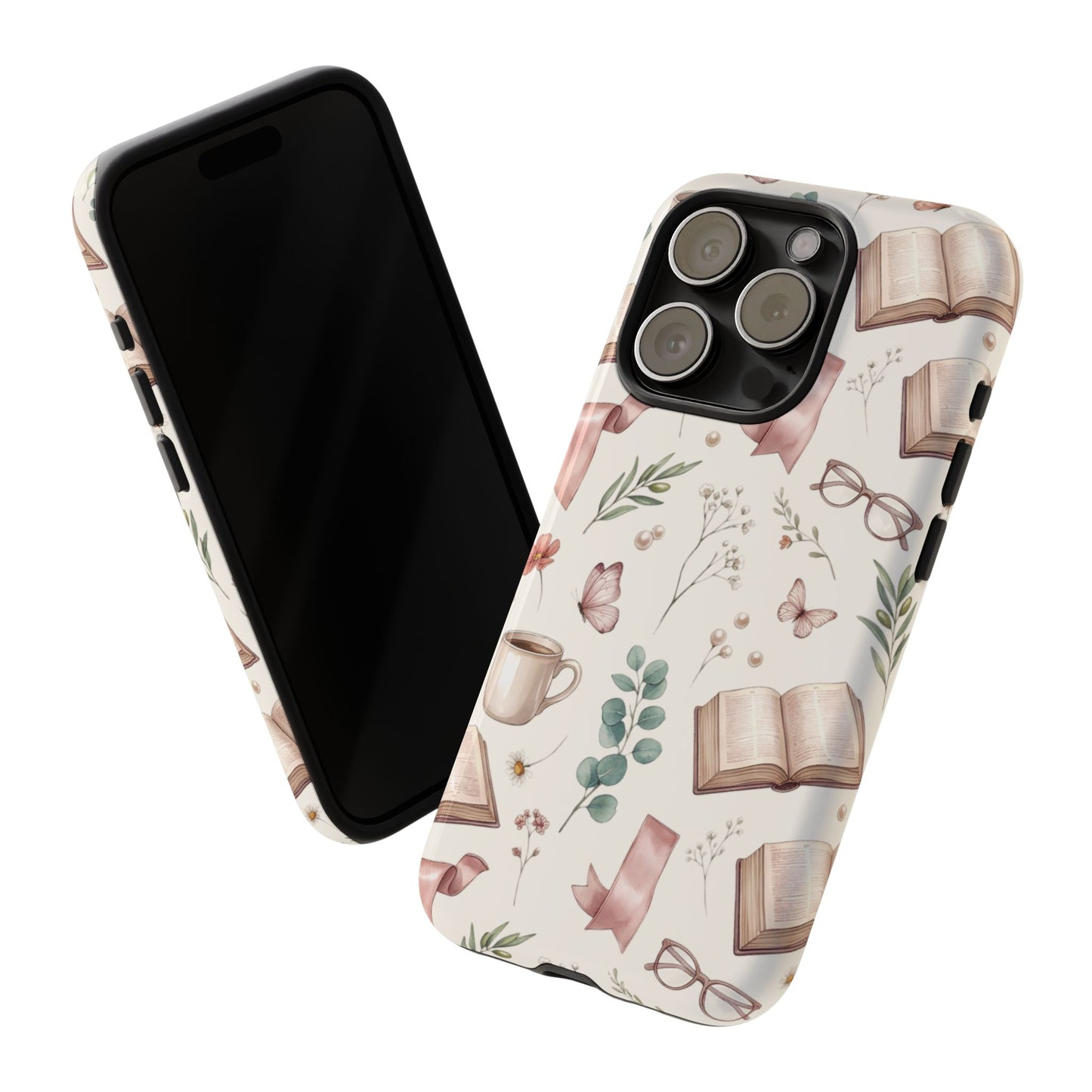 Bookish Floral Phone Case — Cozy Reading Pattern with Open Books, Glasses & Coffee