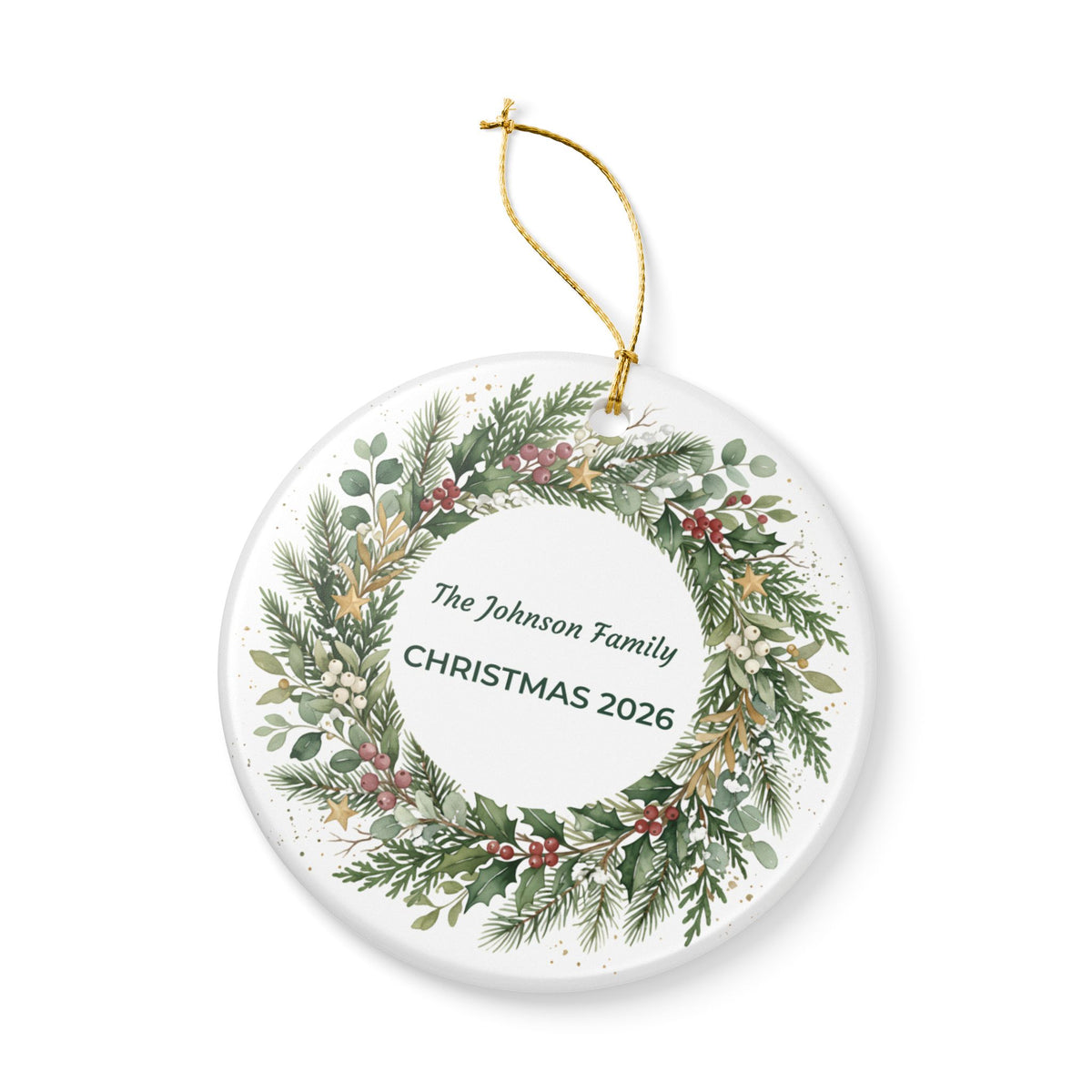 Personalized Christmas Wreath Ceramic Ornament - 'The Johnson Family CHRISTMAS'