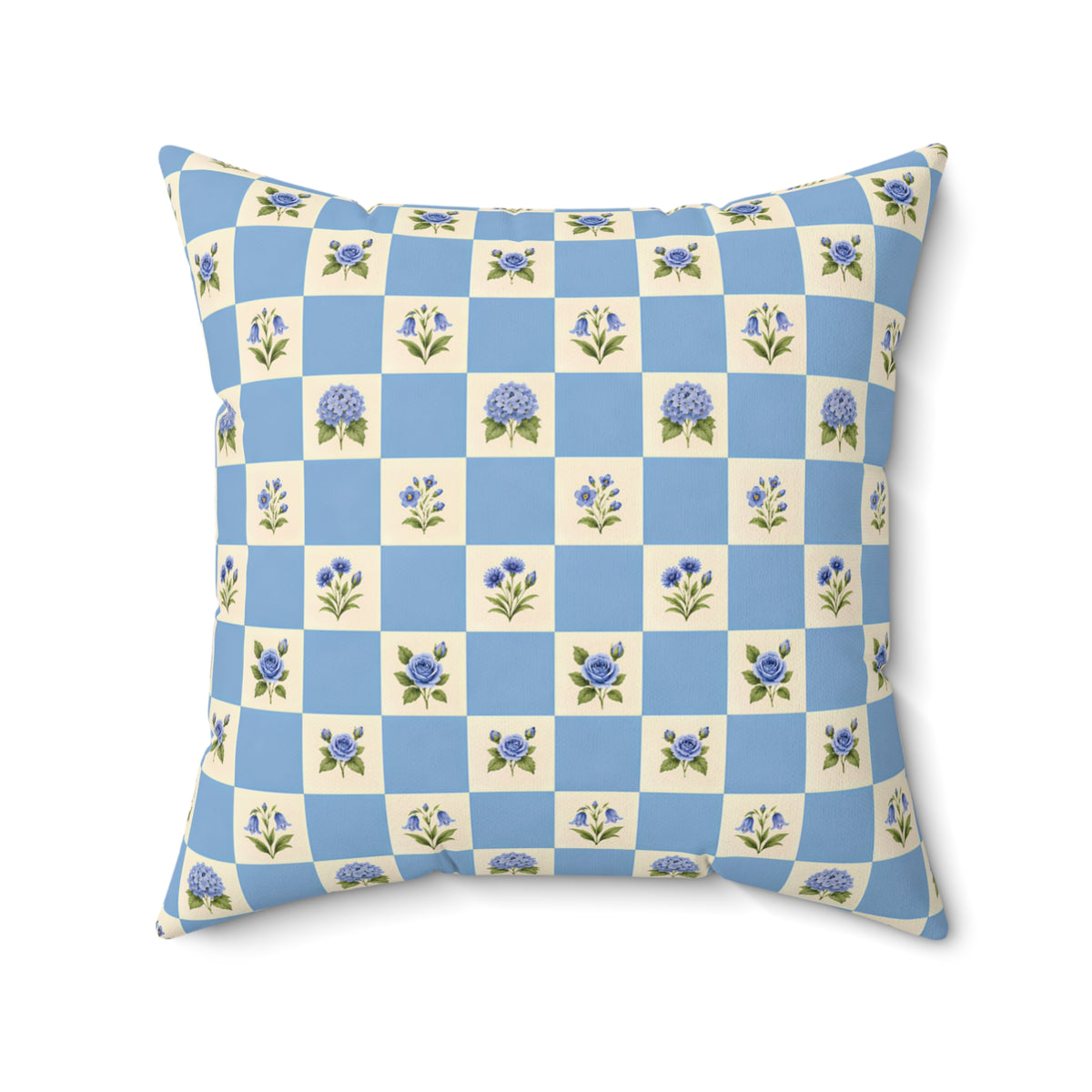 Blue Floral Checkerboard Square Pillow