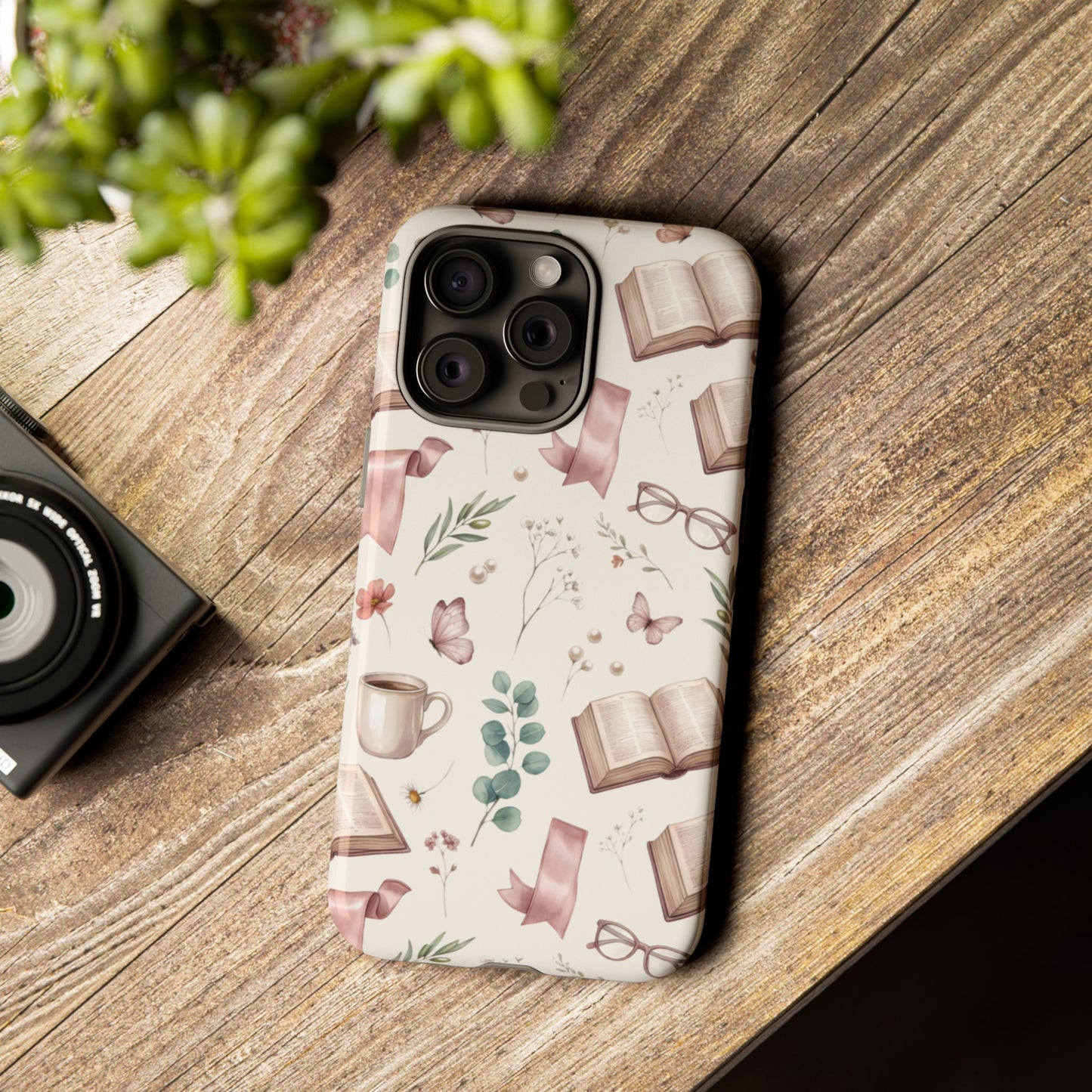 Bookish Floral Phone Case — Cozy Reading Pattern with Open Books, Glasses & Coffee