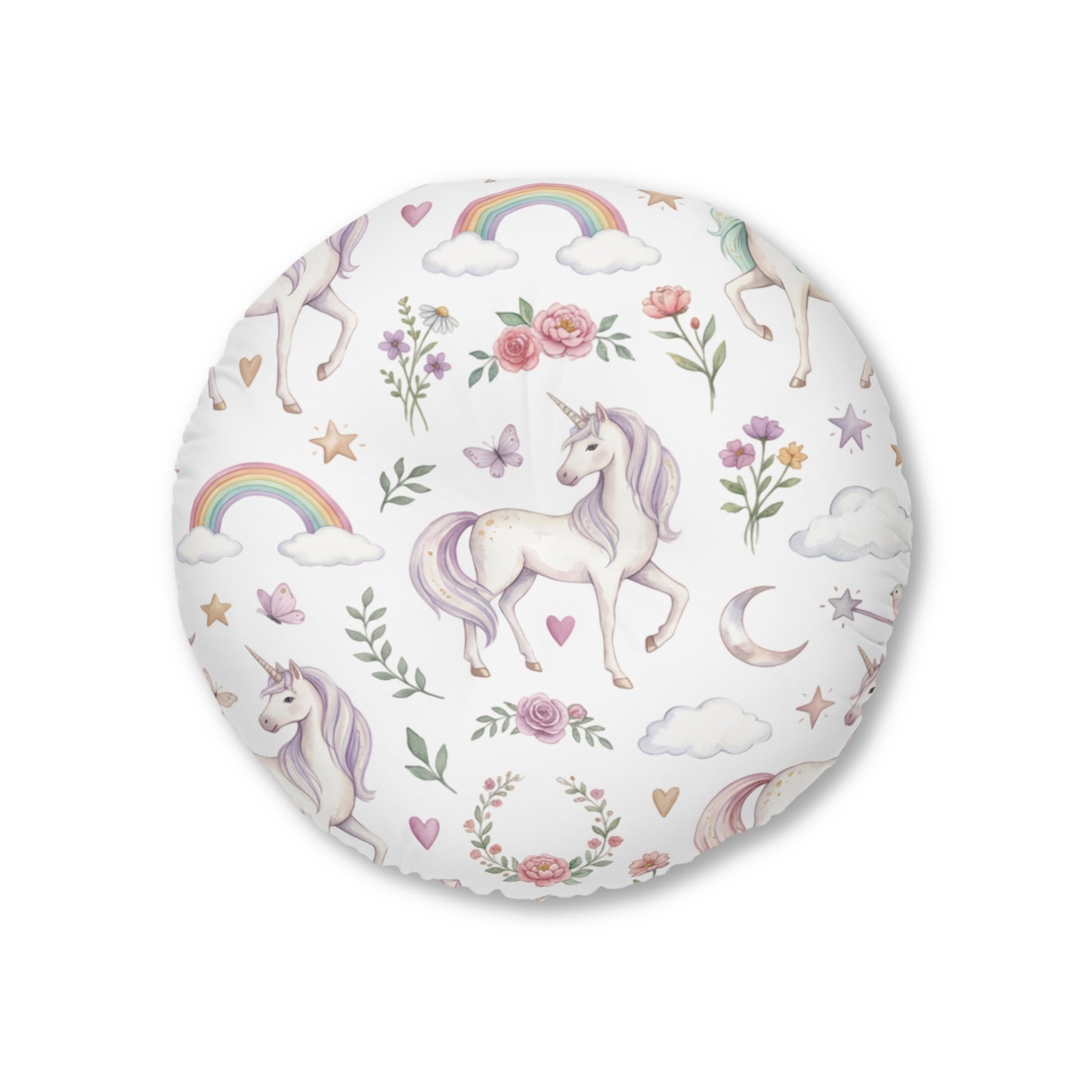 Round Tufted Floor Pillow — Pastel Unicorn & Rainbow Kids Cushion