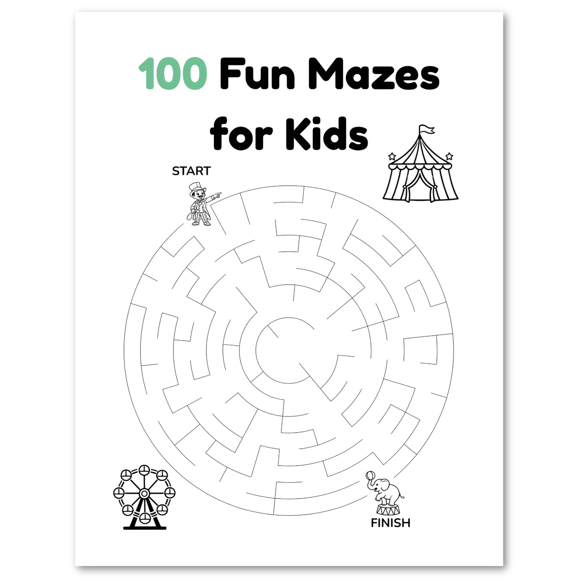 Maze book for kids with a ferris wheel, tent, and teddy bear illustration on a white background.