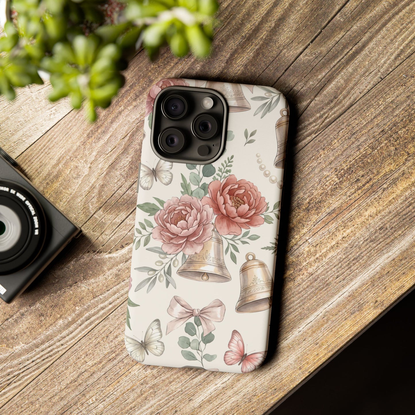 Floral Wedding Bells Phone Case — Vintage Roses, Butterflies & Bow Protective Tough Case