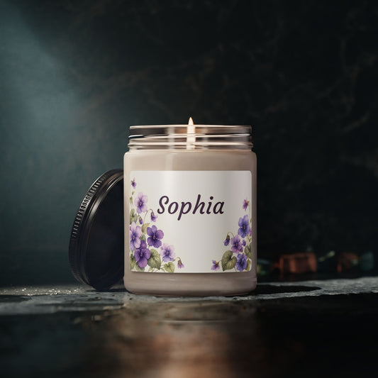 Personalized Floral Soy Candle — 'Sophia' Lavender Violet Scented 9oz Jar