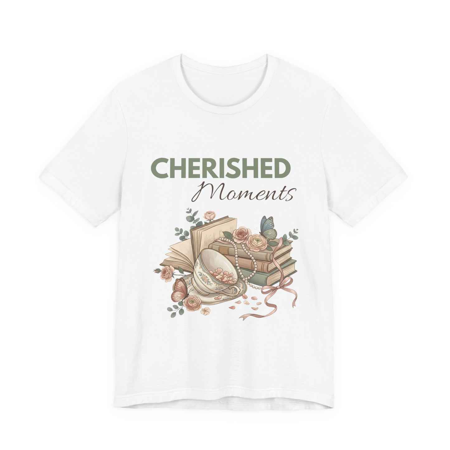 A white t-shirt with 'CHERISHED Moments'  on the front.