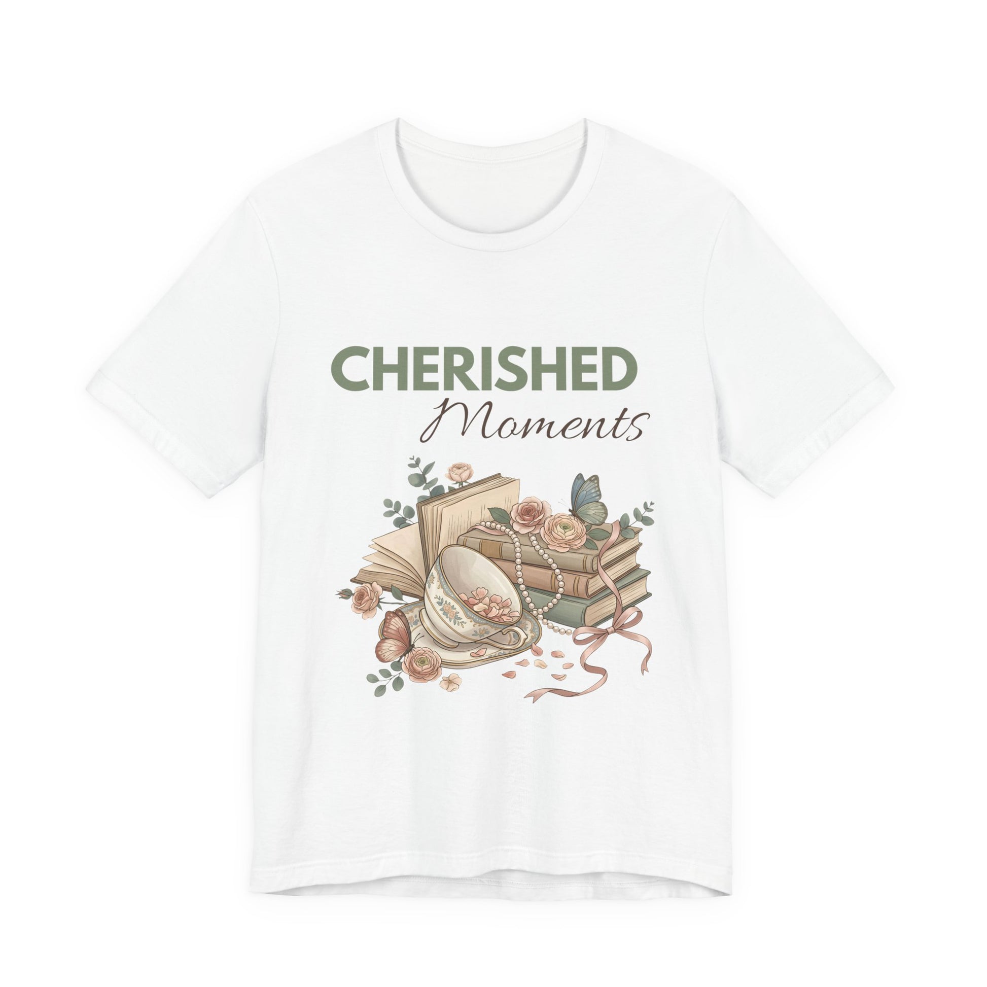 A white t-shirt with 'CHERISHED Moments'  on the front.
