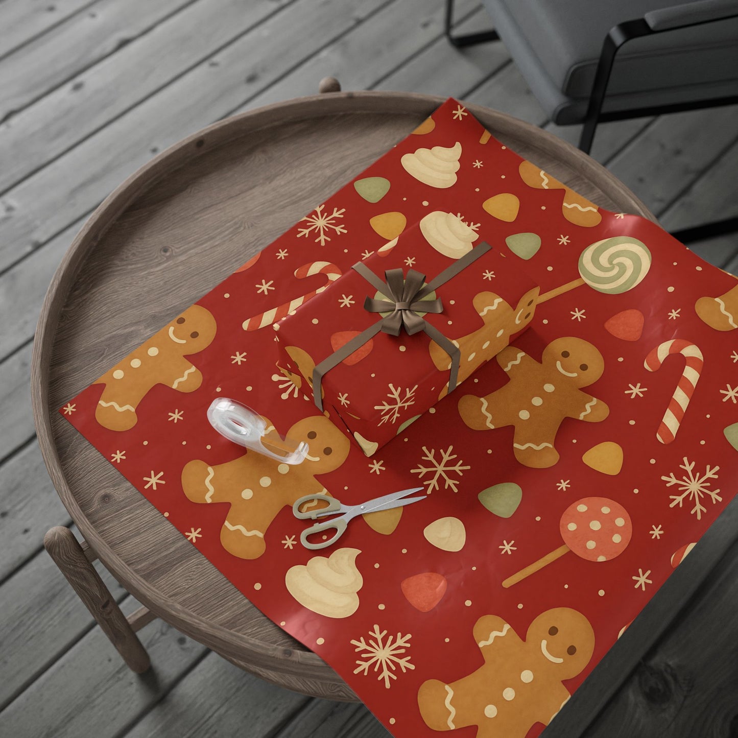 Gingerbread Christmas Wrapping Paper – Candy Canes, Gumdrops & Snowflakes on Red