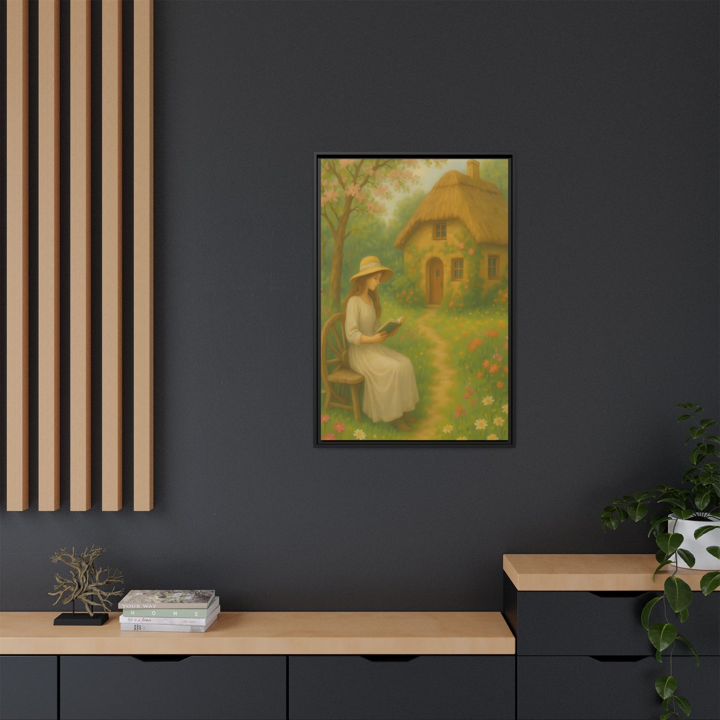 Cottage Garden Reader – Framed Matte Canvas Wall Art of Woman Reading by a Thatched Cottage
