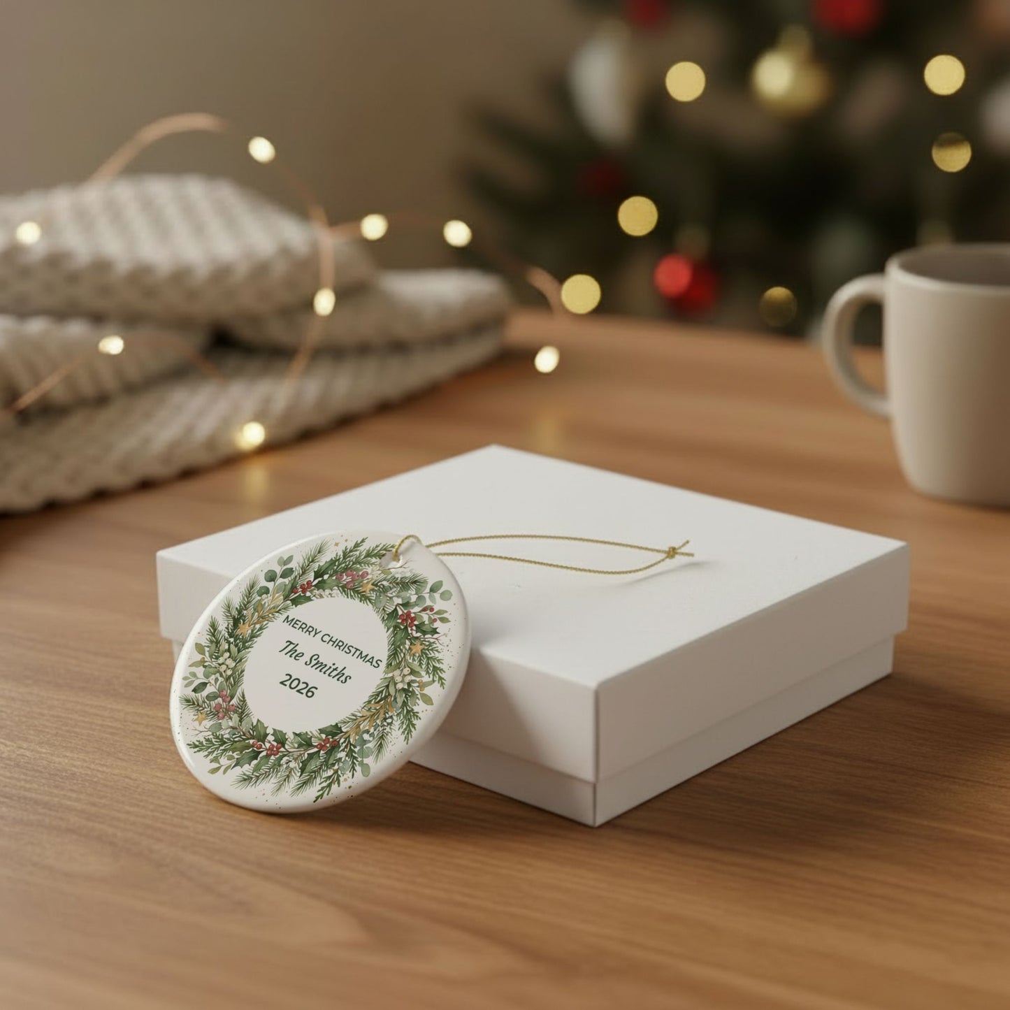 Personalized Ceramic Christmas Ornament – Green Holiday Wreath, 'Merry Christmas The Smiths'