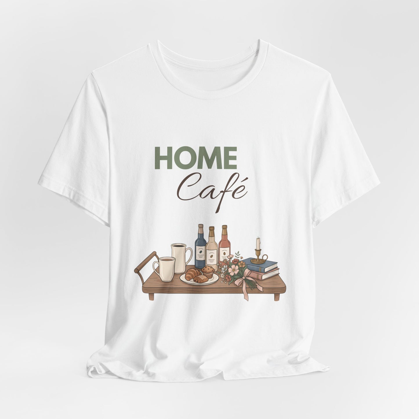 White t-shirt with 'HOME Café' text and table graphic on a white background
