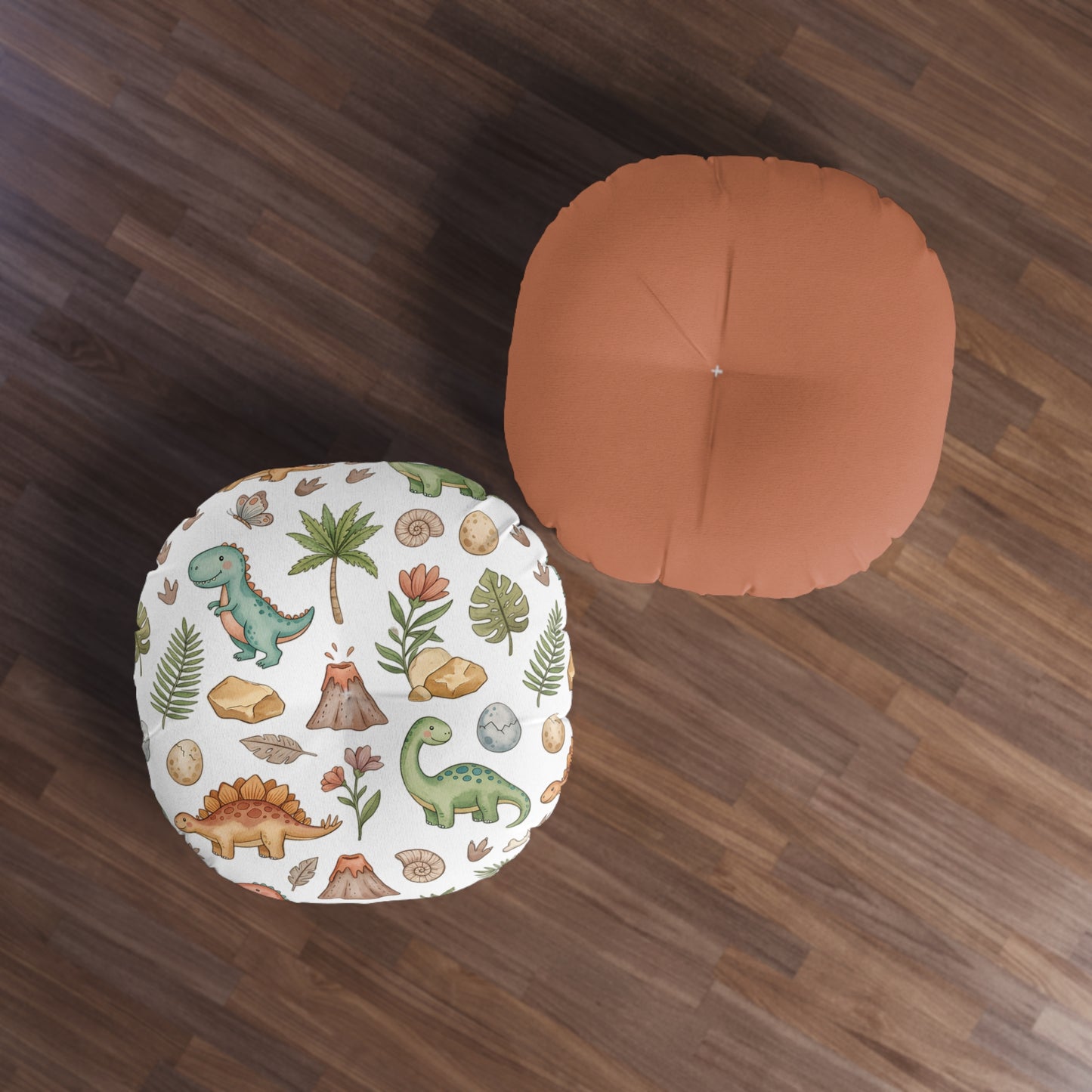 Round Tufted Floor Pillow — Cute Watercolor Dinosaur Pattern for Kids’ Room