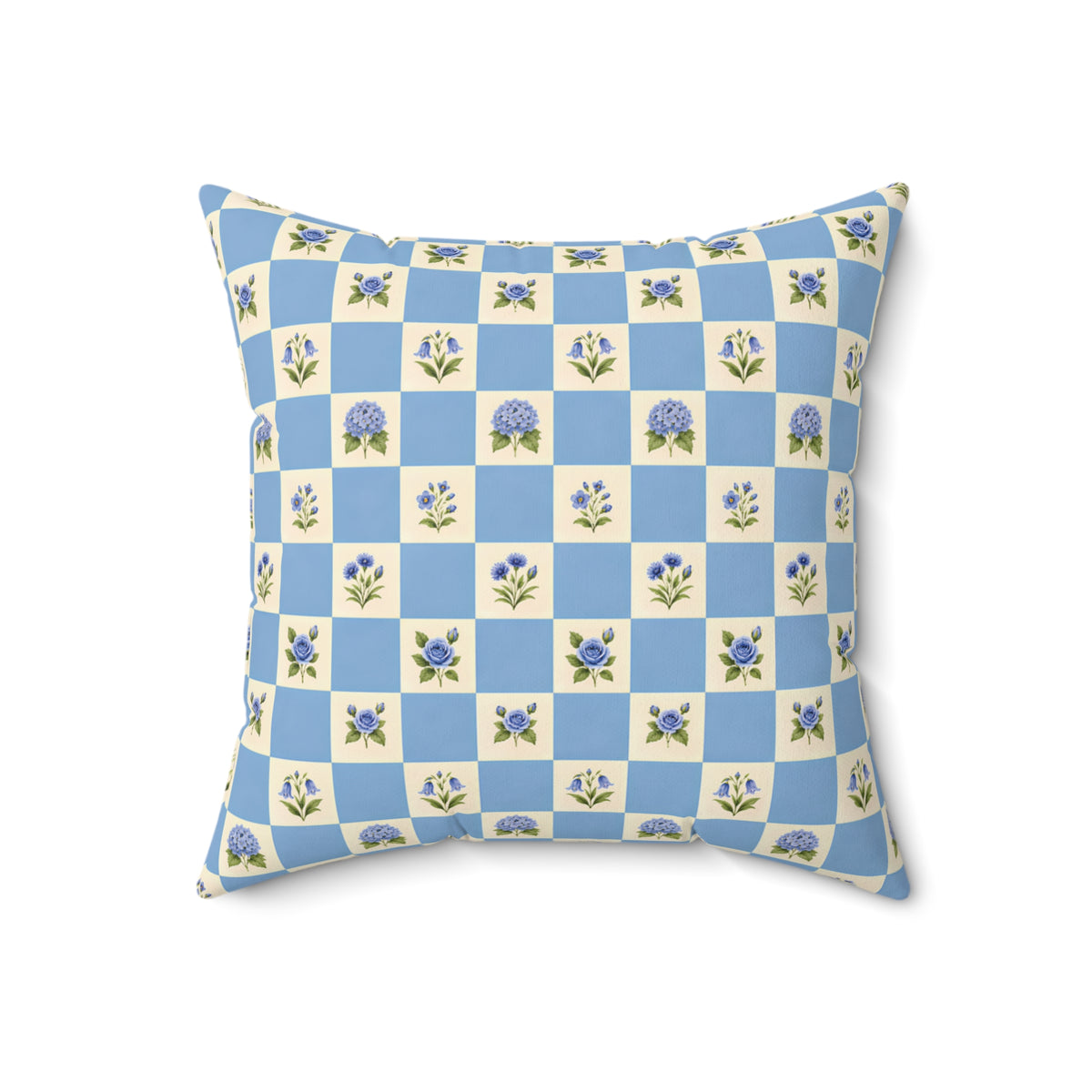 Blue Floral Checkerboard Square Pillow