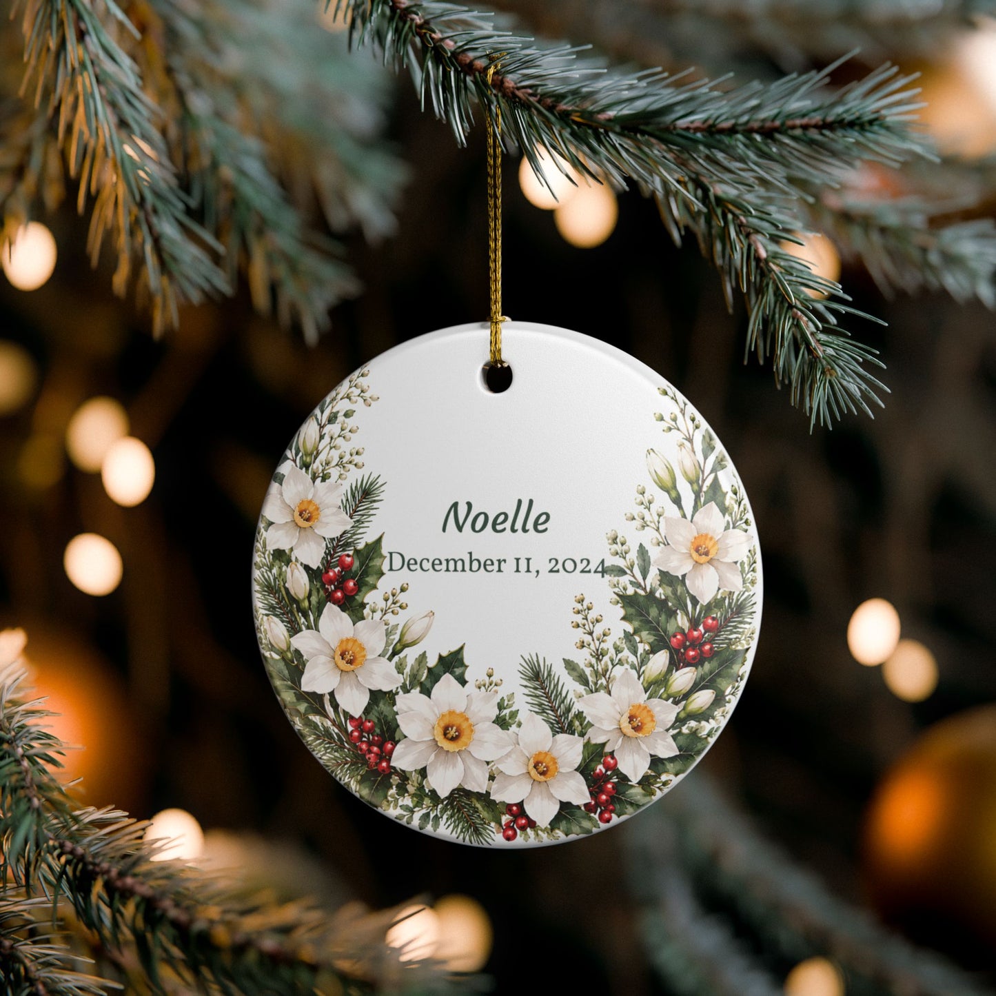 Personalized Ceramic Holiday Ornament — Floral Wreath with Name & Date