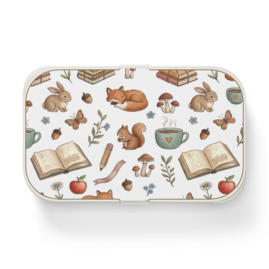 Woodland Reading Bento Lunch Box – Cute Fox, Bunny & Book Pattern