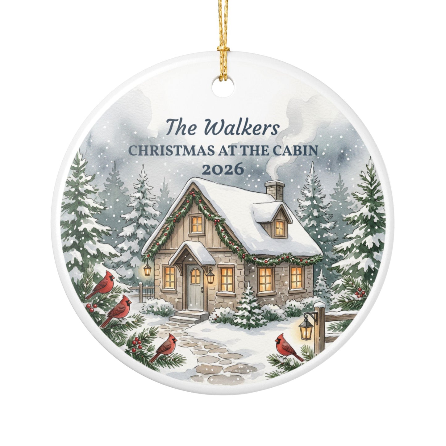 Personalized Ceramic Christmas Ornament – 'Christmas at the Cabin' Snowy Cottage (Custom Name & Year)