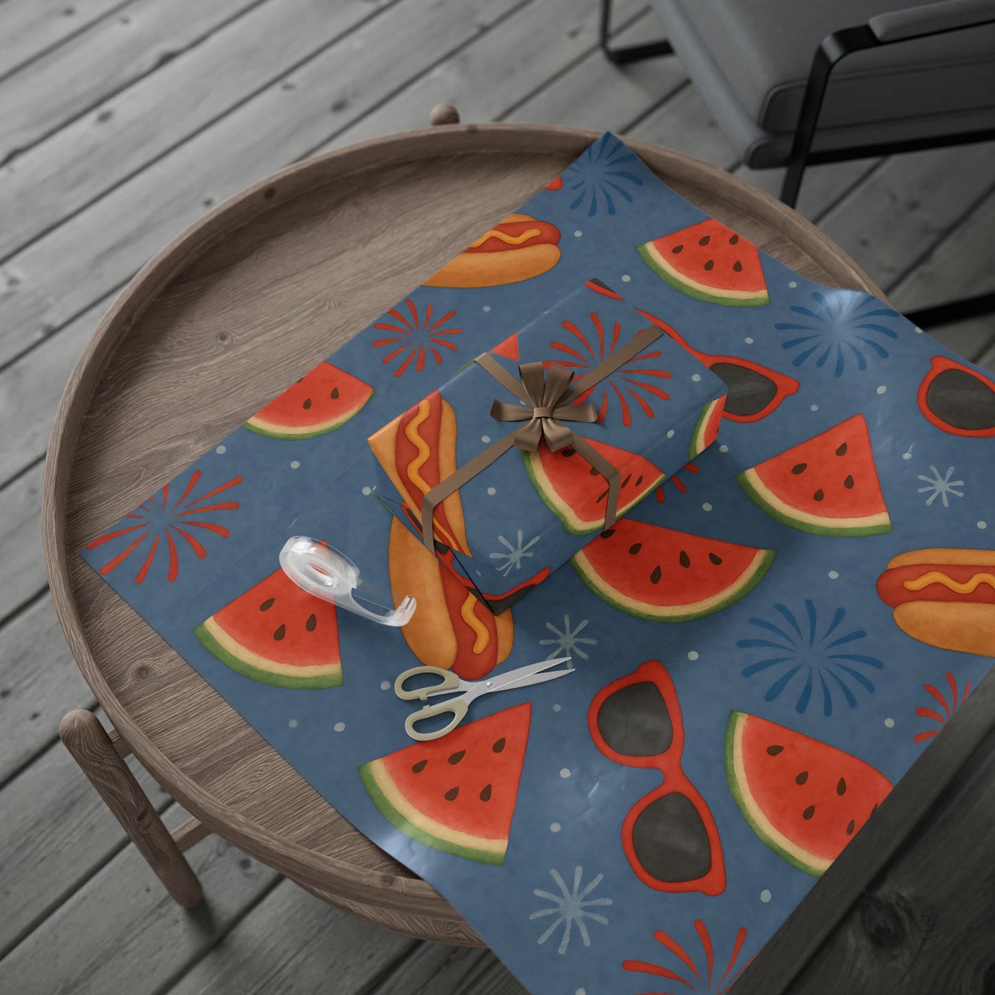 Summer BBQ Wrapping Paper – Watermelon, Hot Dogs & Fireworks on Blue