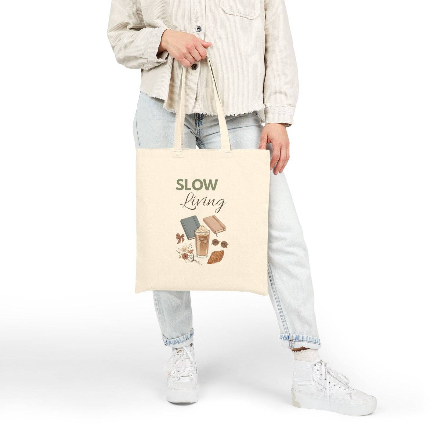 Slow Living Cotton Tote Bag – Cozy Books & Coffee Eco Shopper