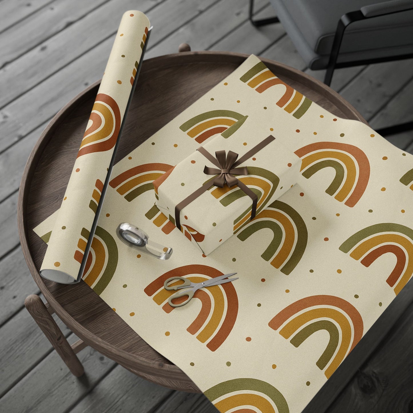 Boho Rainbow Wrapping Paper – Earth Tone Arches & Dots on Neutral Background