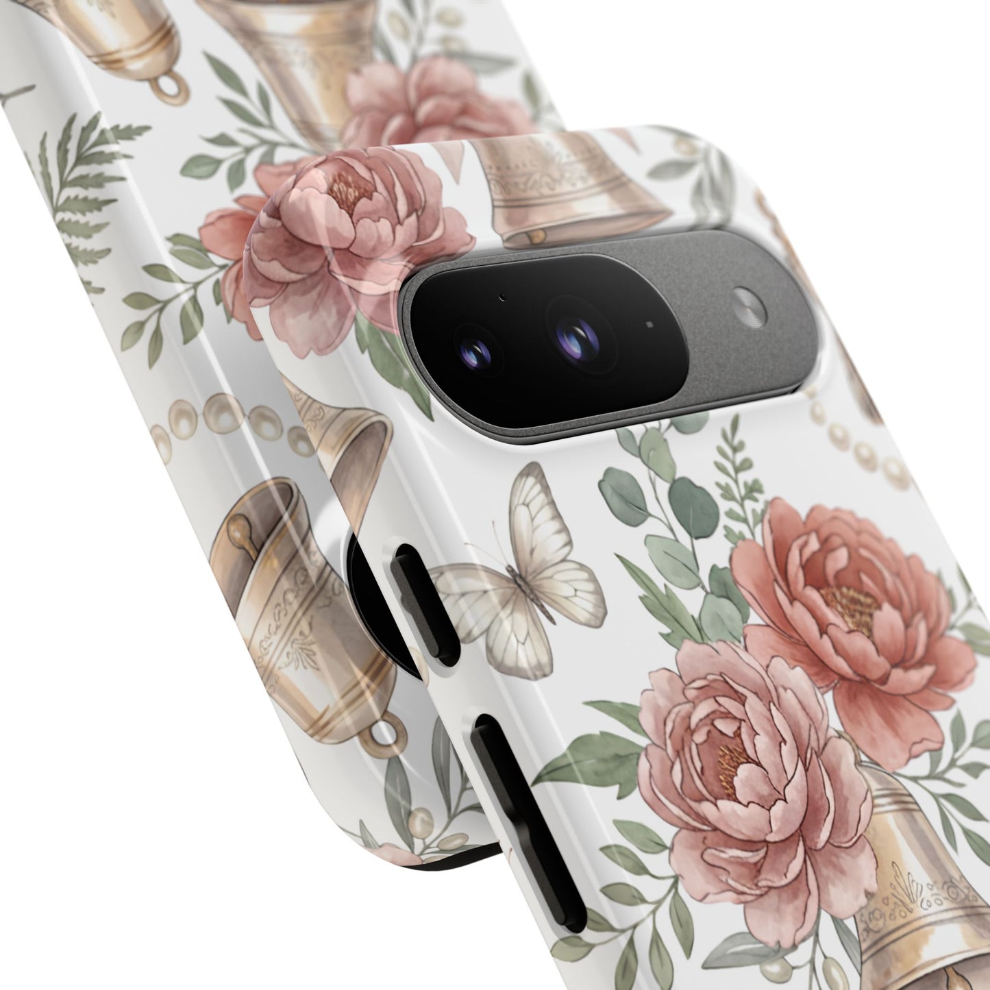 Floral Wedding Bells Phone Case — Vintage Roses, Butterflies & Bow Protective Tough Case