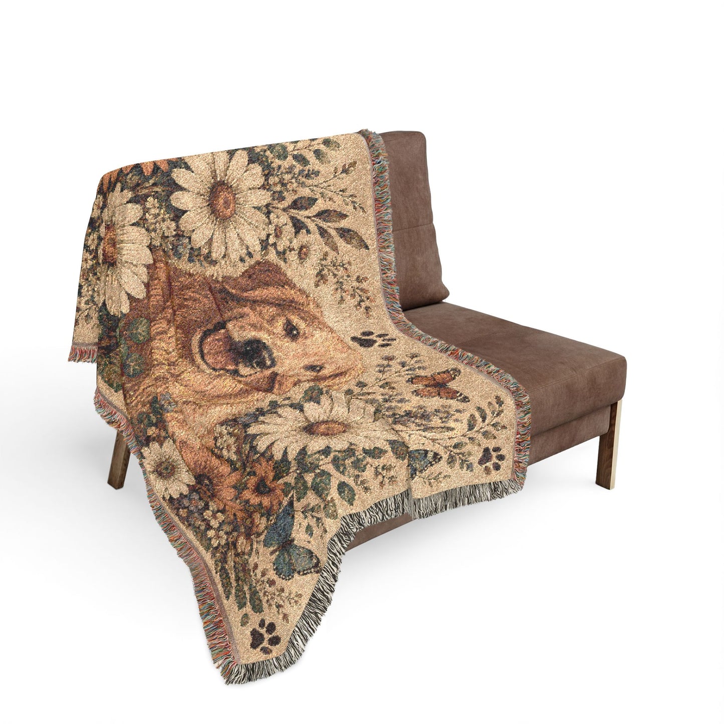 Golden Retriever Floral Woven Blanket — Cozy Throw with Daisies & Butterflies