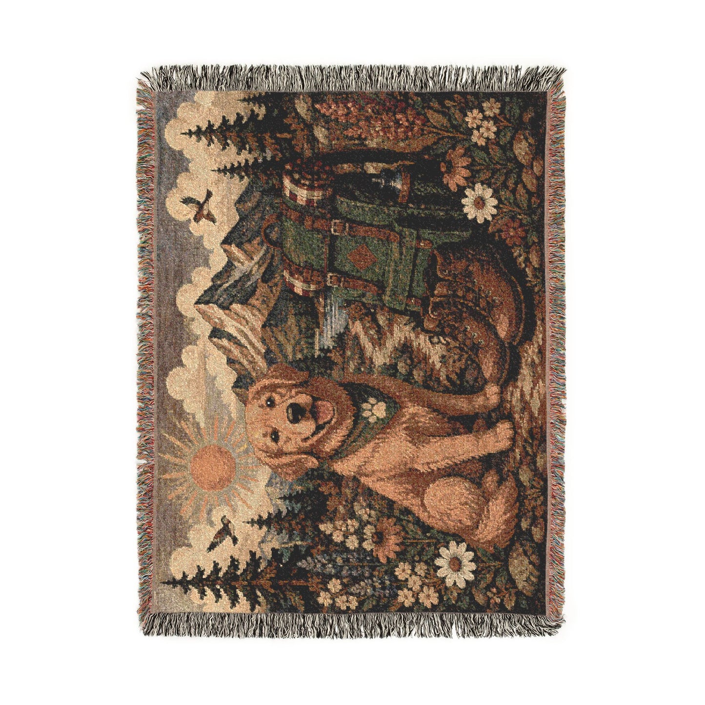 Golden Retriever Cabin Woven Blanket — Rustic Mountain Dog Throw