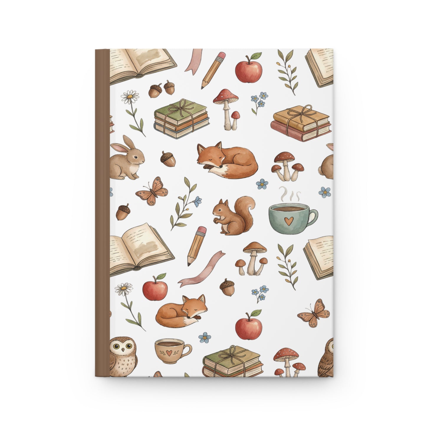 Woodland Cozy Hardcover Journal — Cute Fox, Squirrel & Tea Pattern
