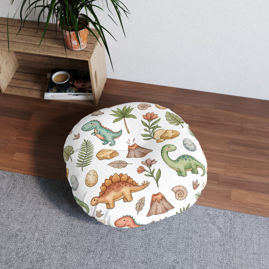 Round Tufted Floor Pillow — Cute Watercolor Dinosaur Pattern for Kids’ Room