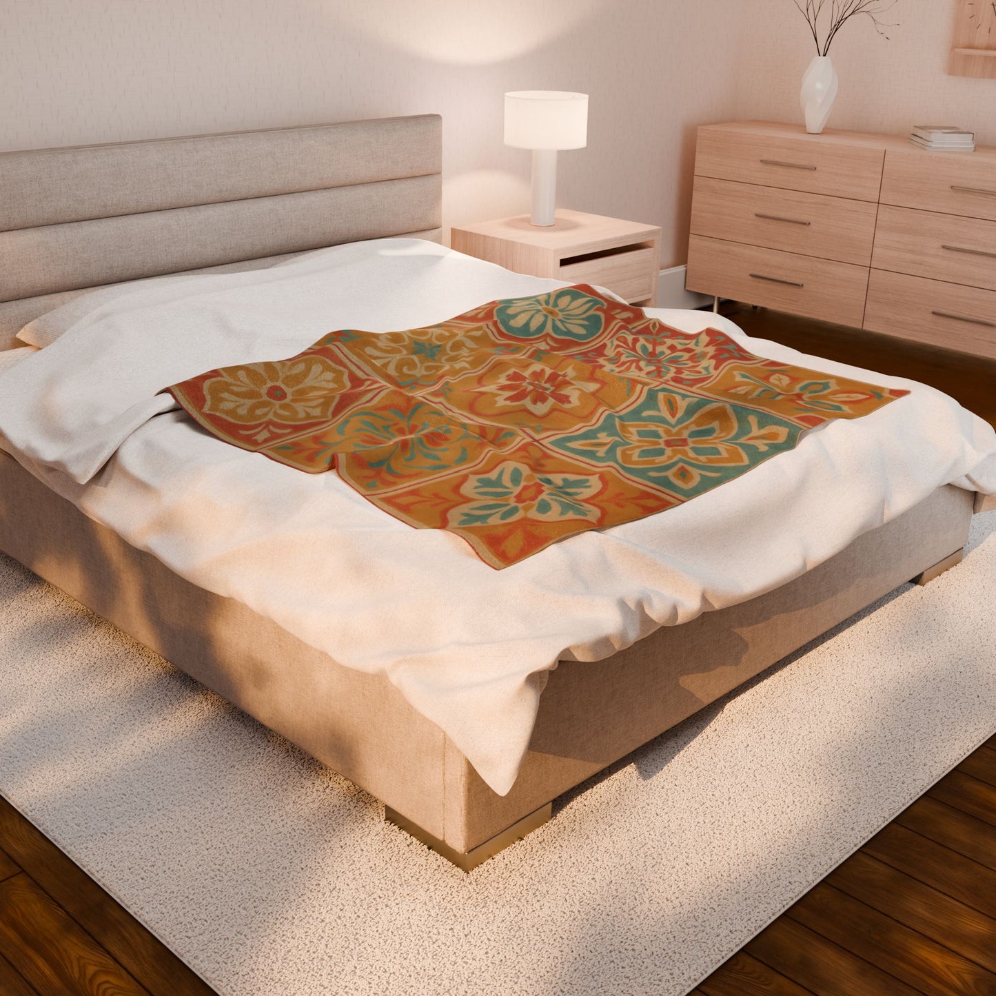 Spanish Tile Pattern Velveteen Plush Blanket – Warm Earth Tones
