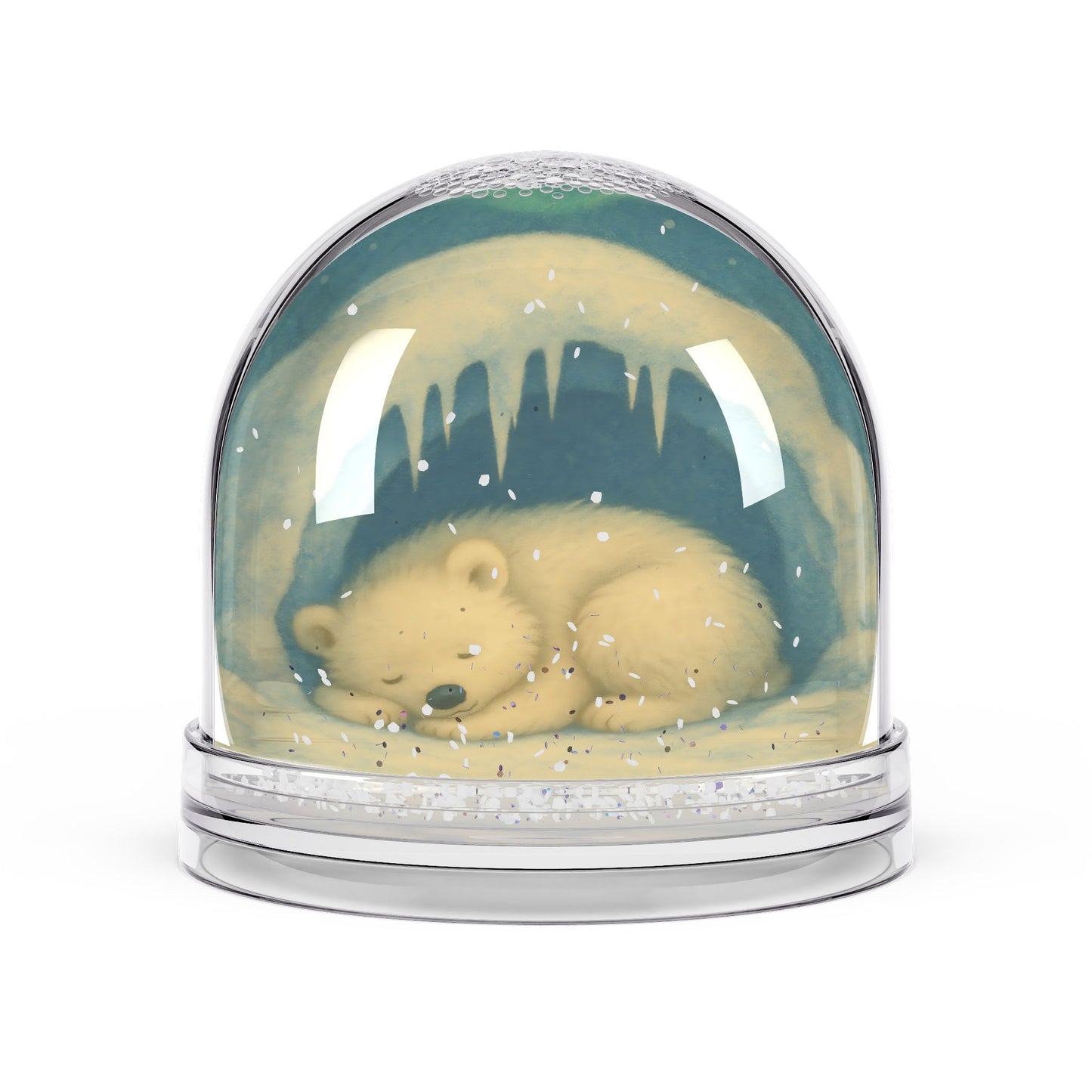 Hibernating Bear Snow Globe – Cozy Winter Den Scene with Two-Sided Print