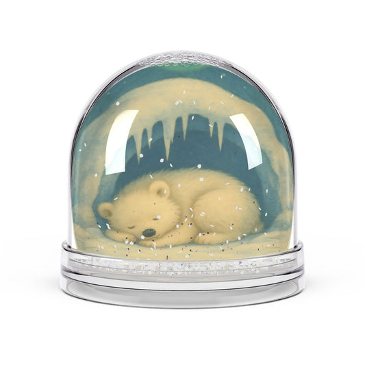 Hibernating Bear Snow Globe – Cozy Winter Den Scene with Two-Sided Print