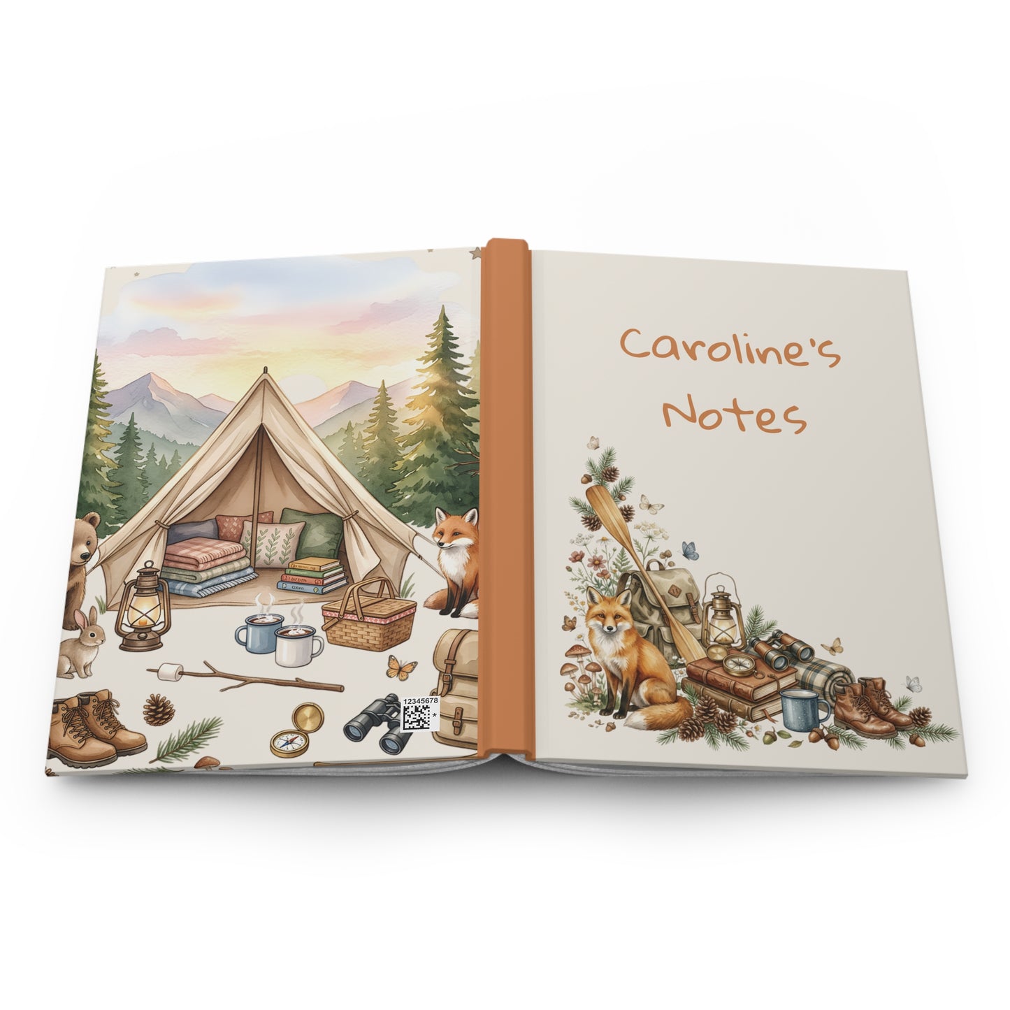 Camping Fox Hardcover Journal — Personalized ‘Caroline’s Notes’ Nature Notebook
