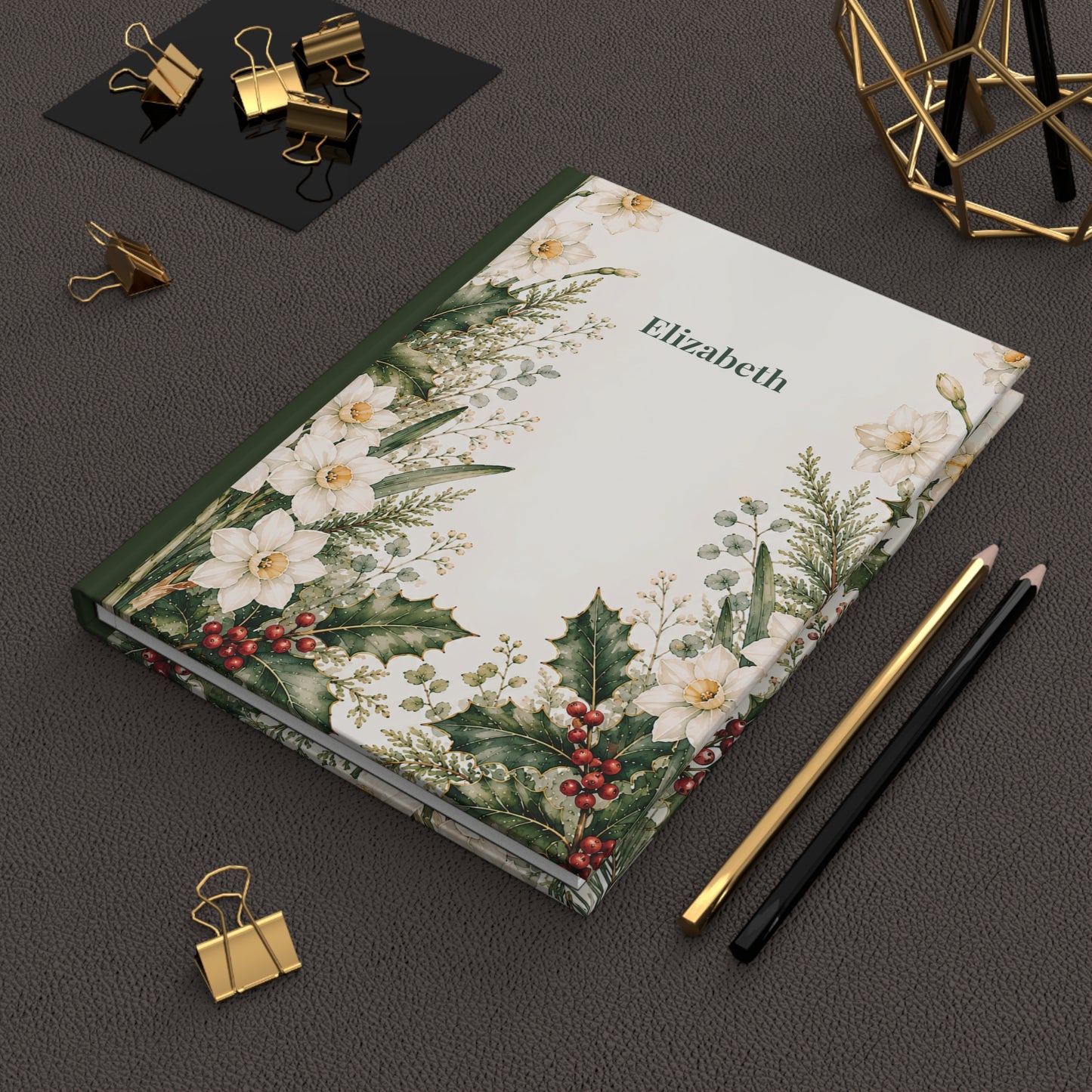 Hardcover Journal — Personalized Botanical Holiday Floral Notebook (Name: Elizabeth)