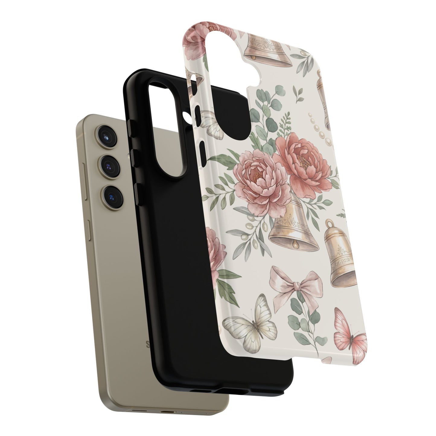 Floral Wedding Bells Phone Case — Vintage Roses, Butterflies & Bow Protective Tough Case