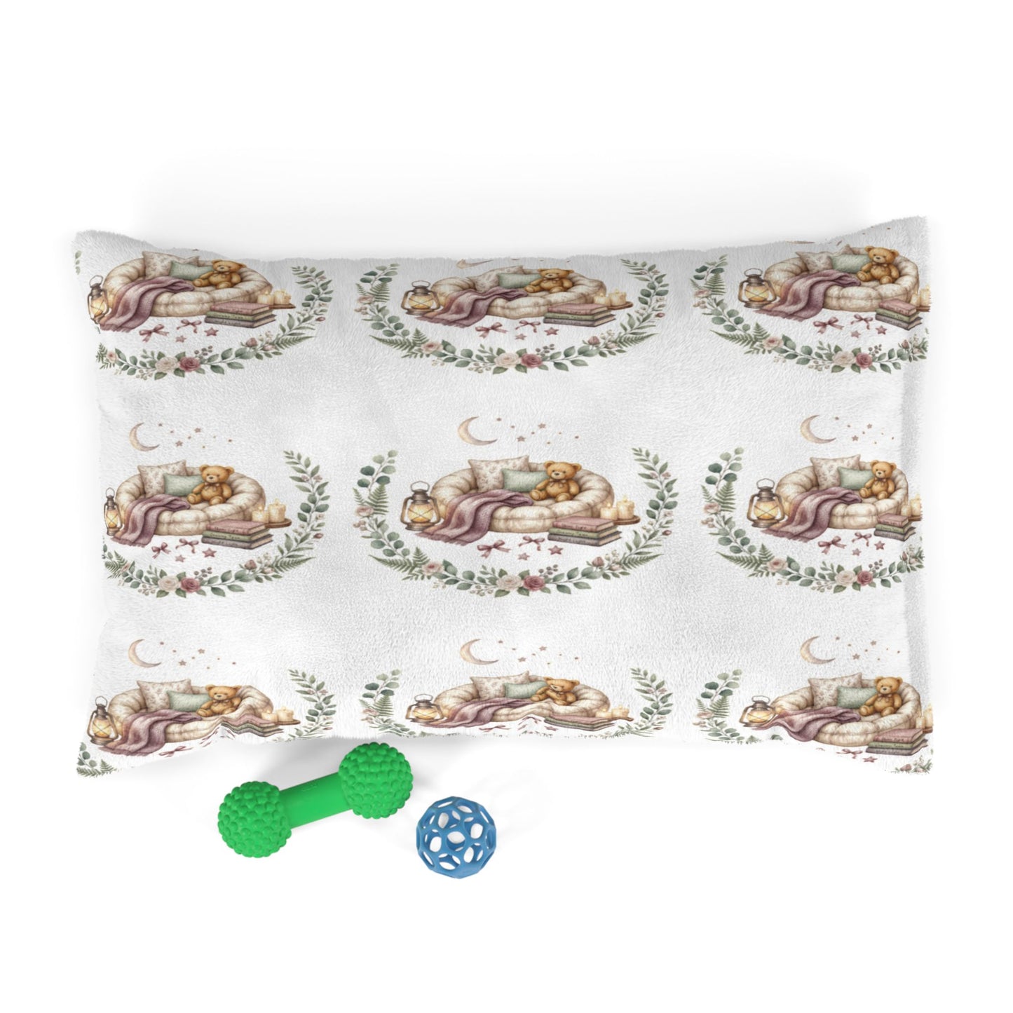 Moonlit Botanical Pet Bed – Watercolor Greenery & Moon Print