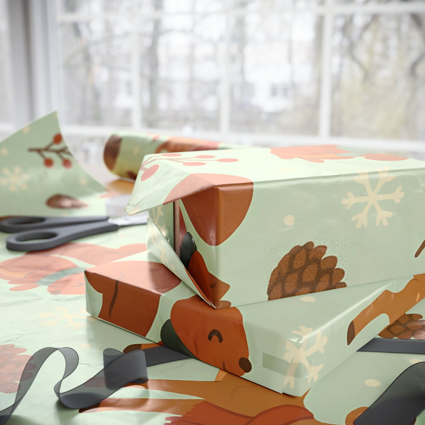 Woodland Winter Friends Wrapping Paper – Fox, Deer, Owl & Squirrel in Cozy Scarves