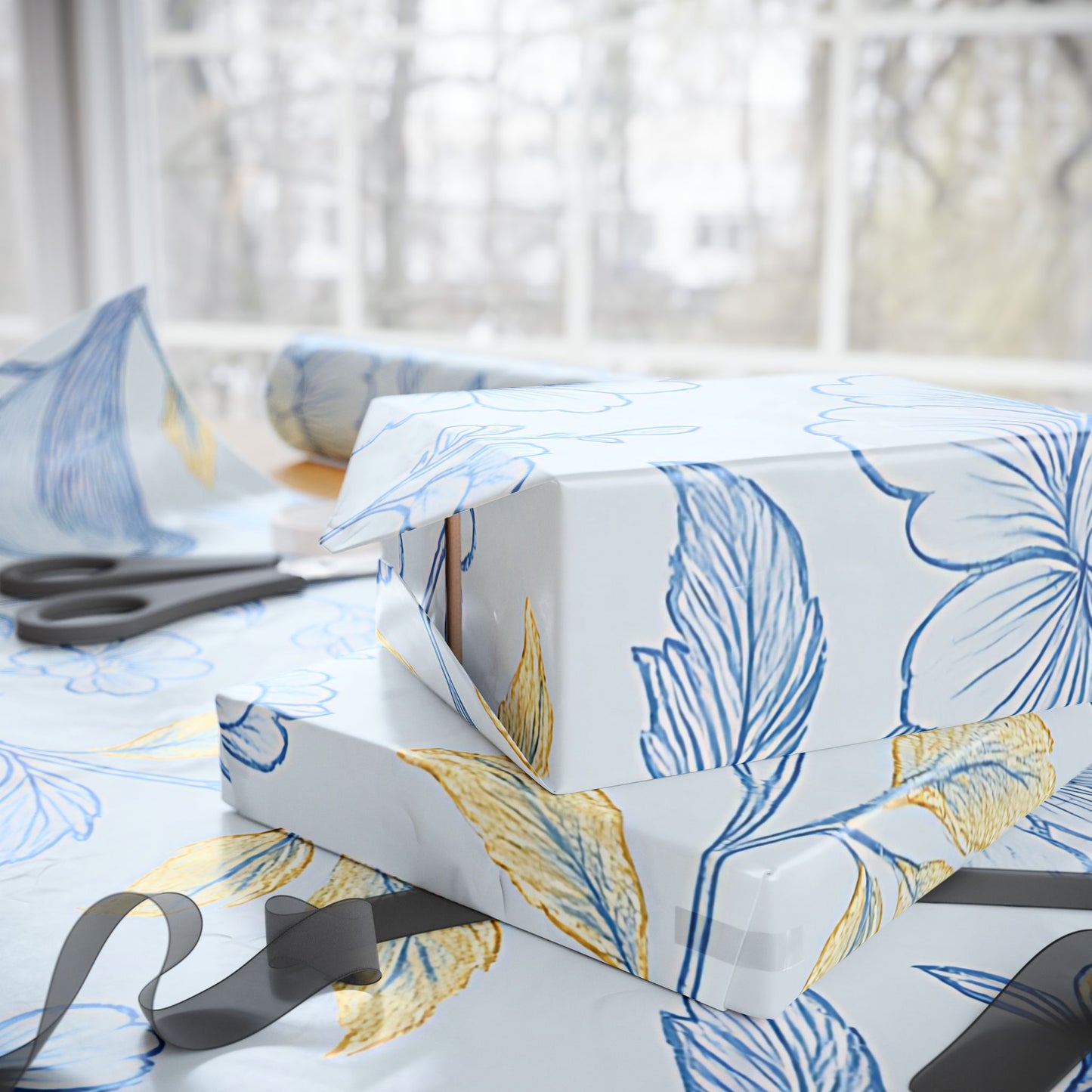 Blue Bird & Floral Wrapping Paper – Elegant Nature-Inspired Gift Wrap in Glossy or Matte Finish