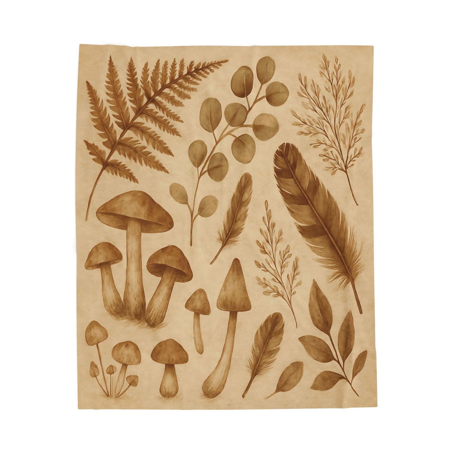 Botanical Mushroom & Fern Plush Blanket - Earthy Nature-Inspired Throw