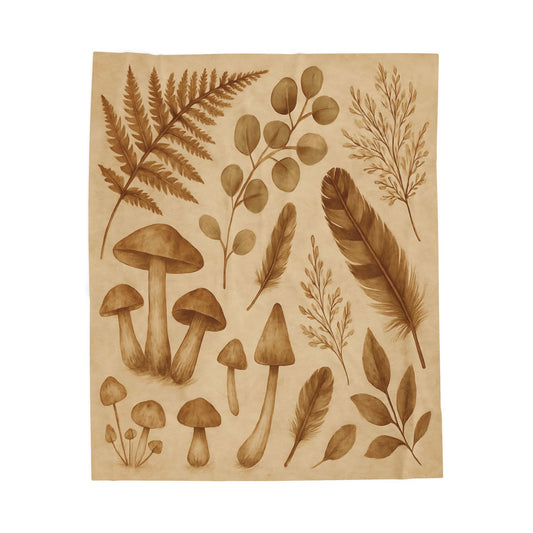 Botanical Mushroom & Fern Plush Blanket - Earthy Nature-Inspired Throw