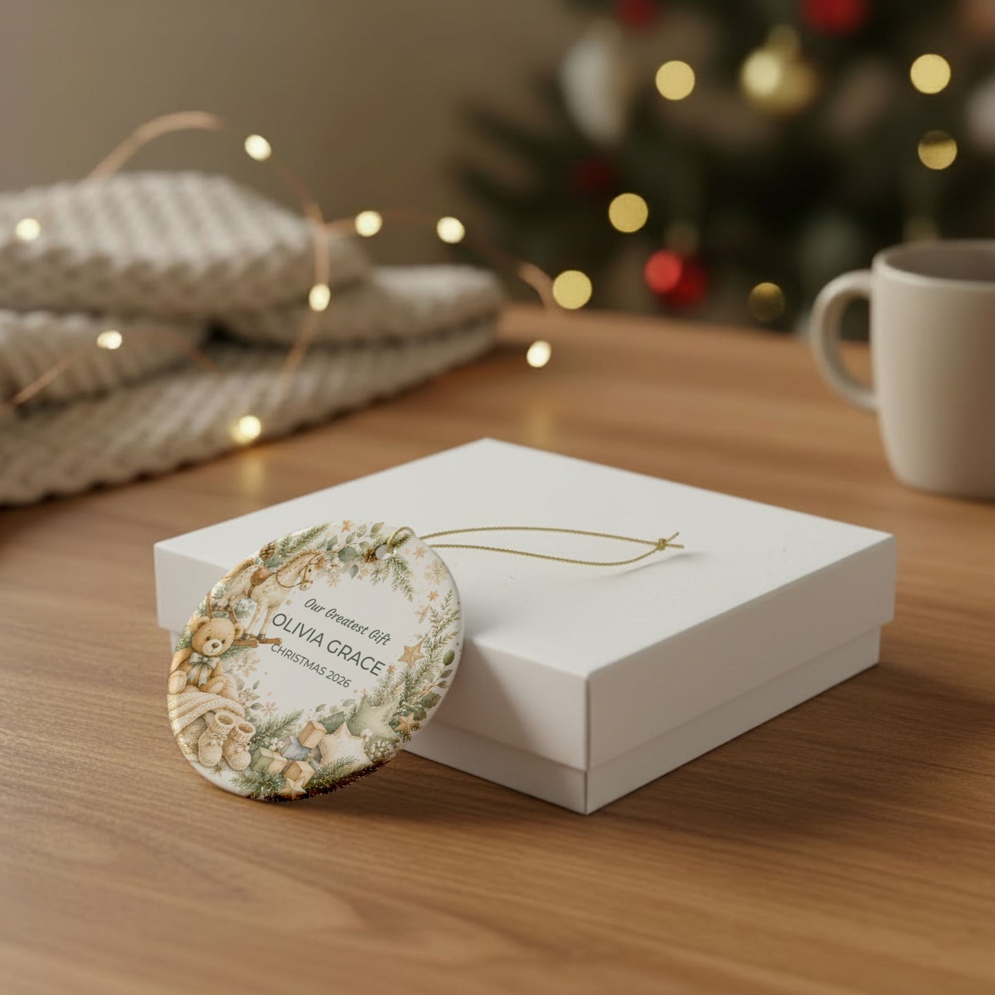 Personalized Baby’s First Christmas Ceramic Ornament — “Our Greatest Gift” Name & Year