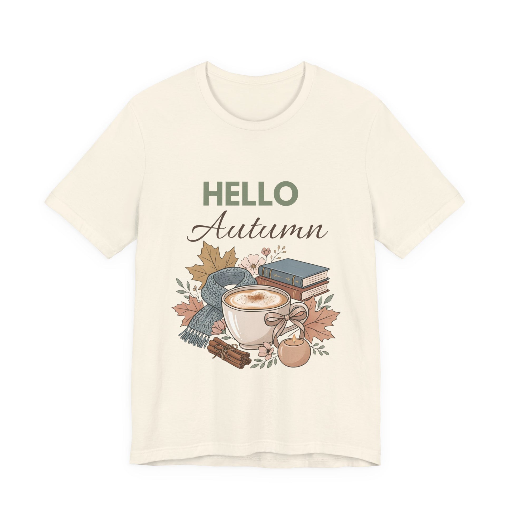 Natural colored t-shirt with 'Hello Autumn' text and autumn-themed graphics on a white background