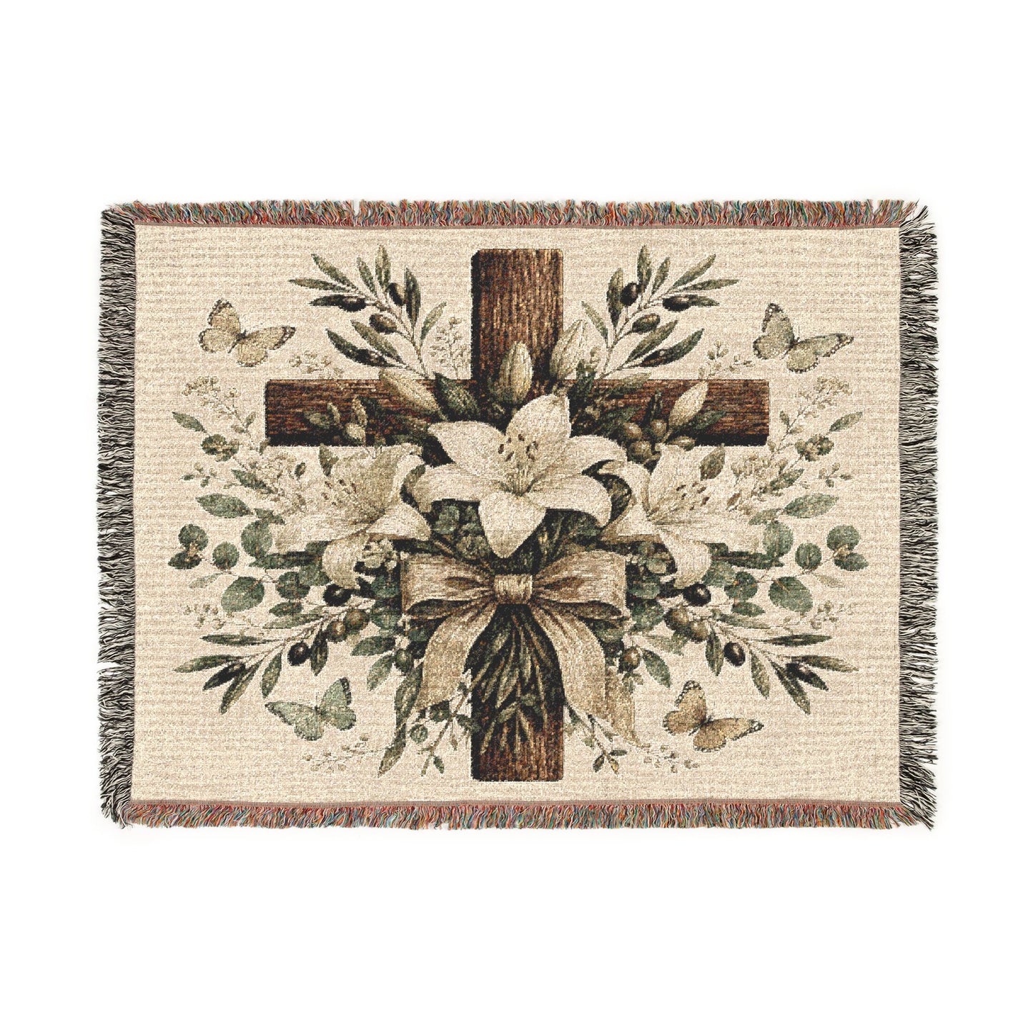 Woven Blanket — Floral Cross Tapestry Throw (Easter / Religious Home Décor)