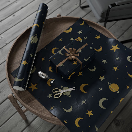 Celestial Night Sky Wrapping Paper – Moons, Stars & Planets on Midnight Blue