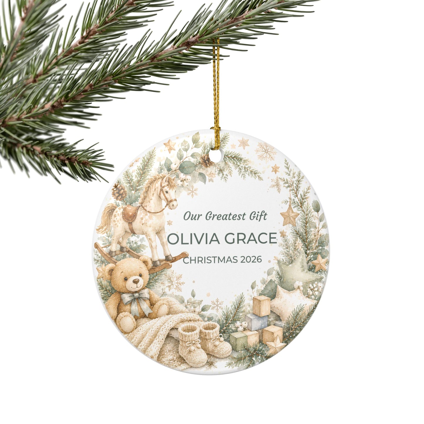 Personalized Baby’s First Christmas Ceramic Ornament — “Our Greatest Gift” Name & Year