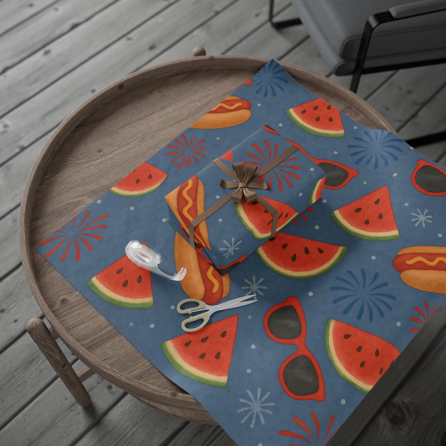 Summer BBQ Wrapping Paper – Watermelon, Hot Dogs & Fireworks on Blue