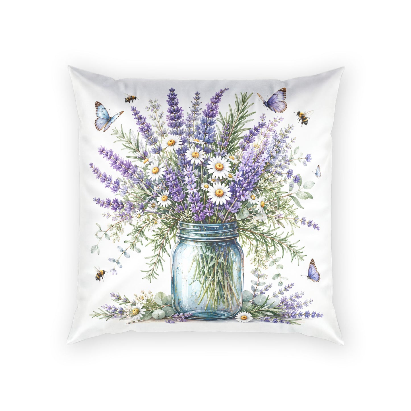 Lavender & Daisies Mason Jar Pillow — Floral Velvet Throw Cushion