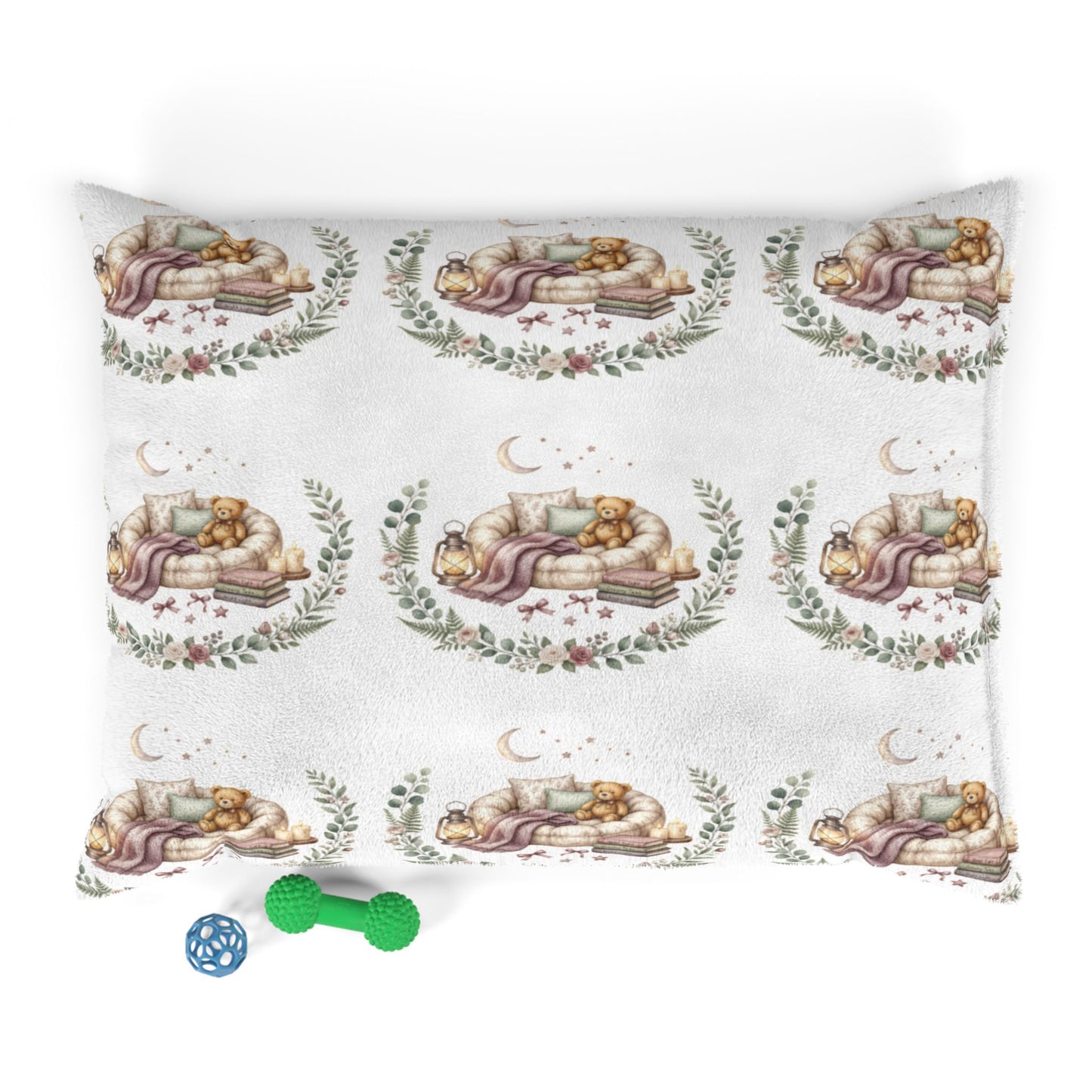 Moonlit Botanical Pet Bed – Watercolor Greenery & Moon Print