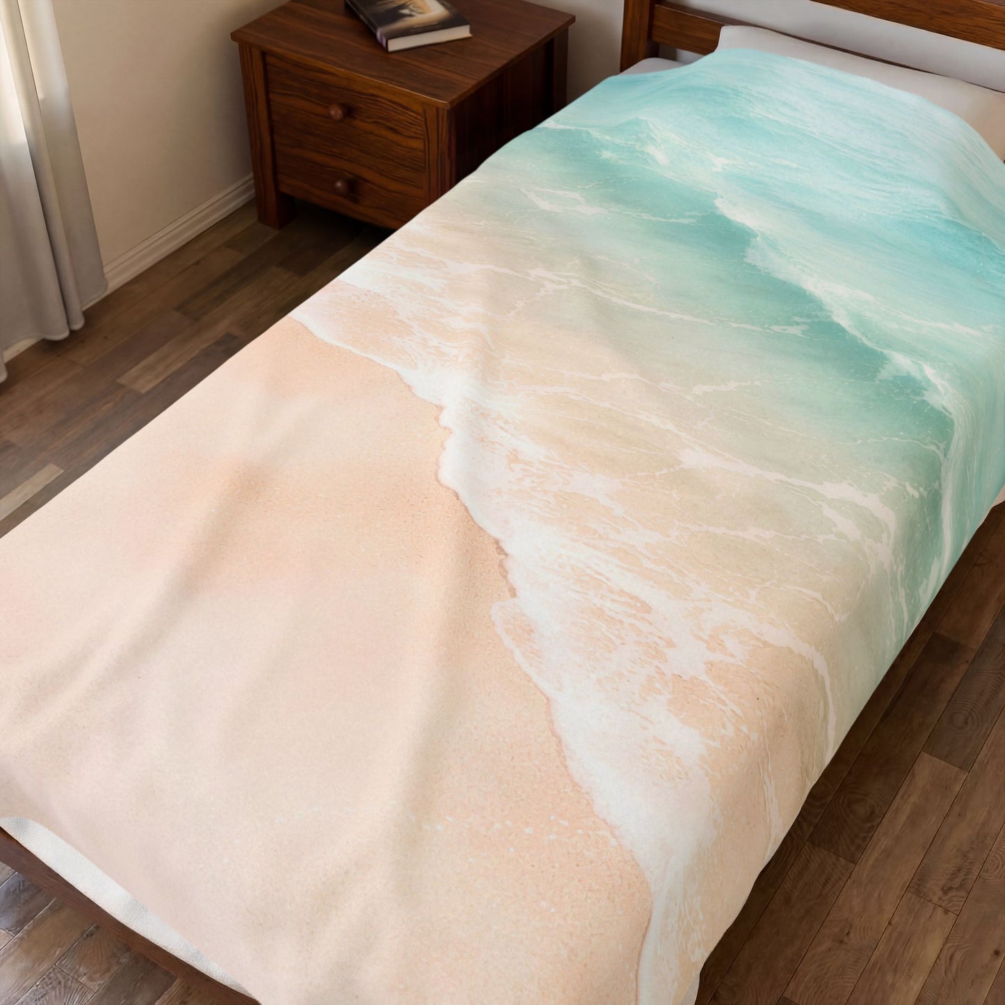 Beach Waves Velveteen Plush Blanket — Soft Pastel Ocean Shore Throw