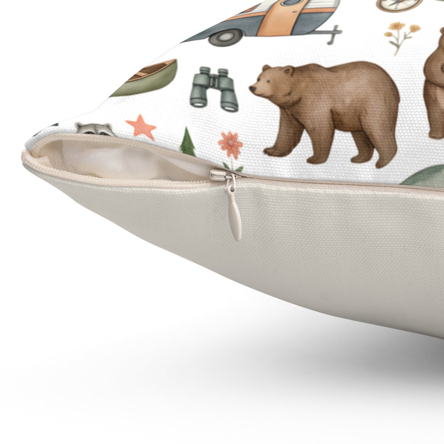 Camping Pattern Square Pillow — Bear, Tent & Camper Decorative Throw Pillow